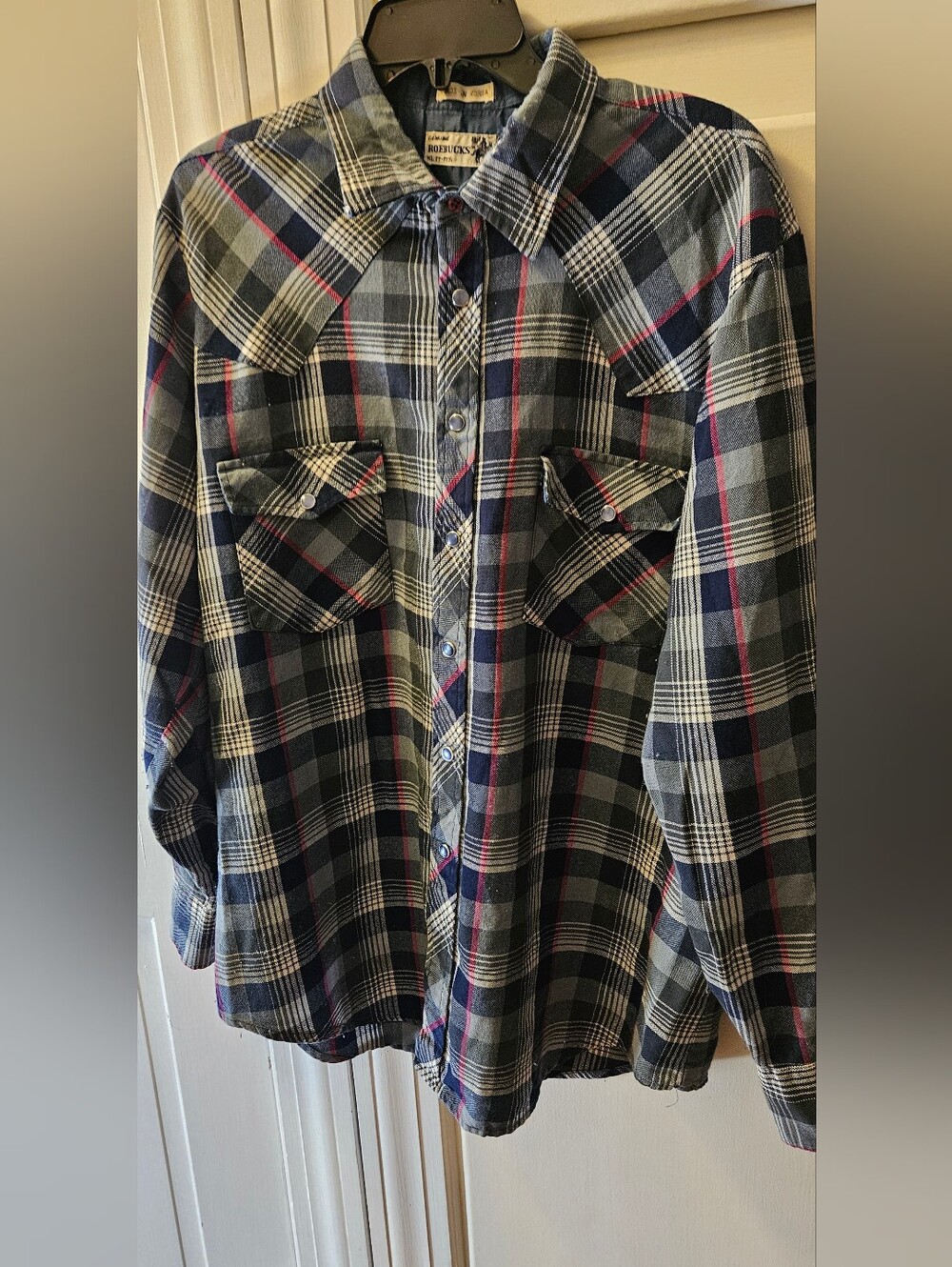 Mens Vintage Roebucks Shirt Western Pearl Snap Buttons XL 17-17 1/2